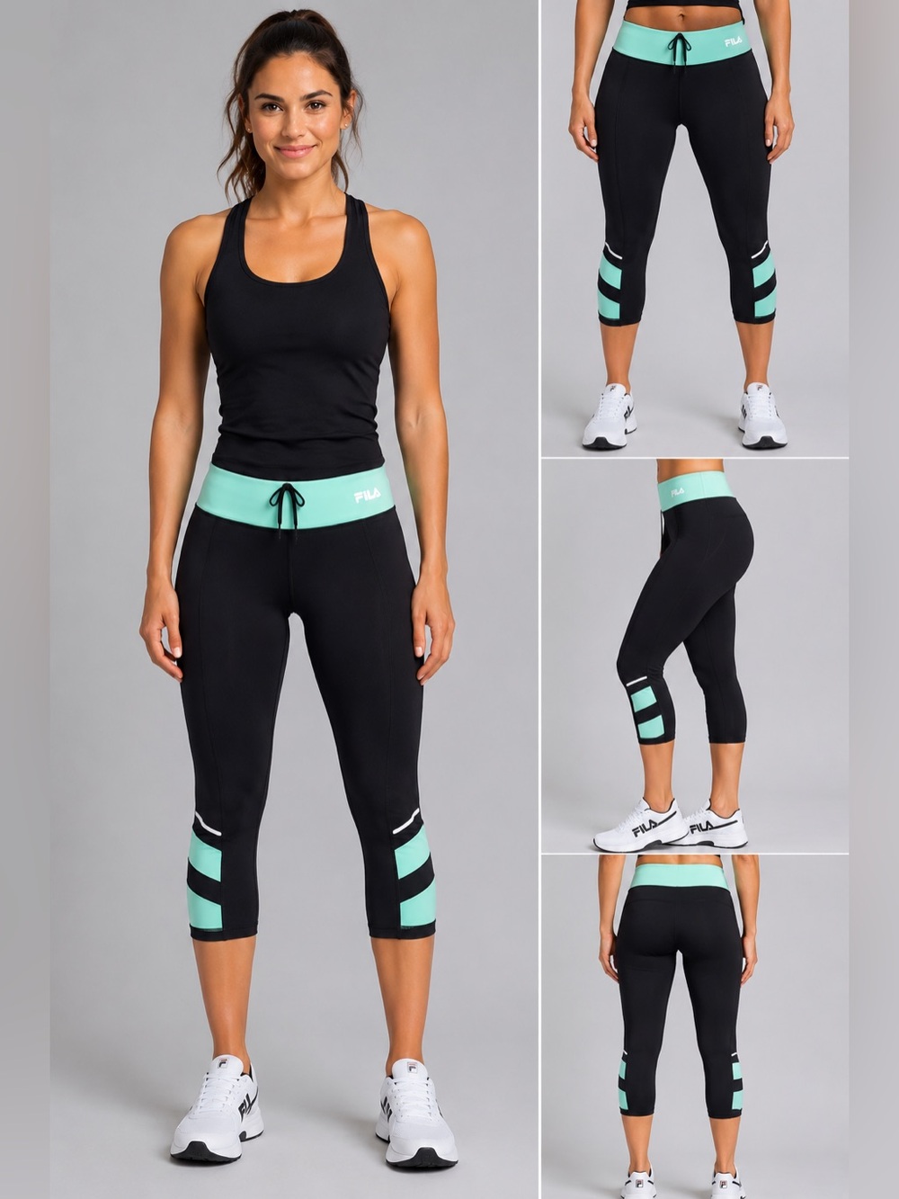 FILA Sport Capri Leggings Women’s Small Black Aqua Compression Workout Yoga Run